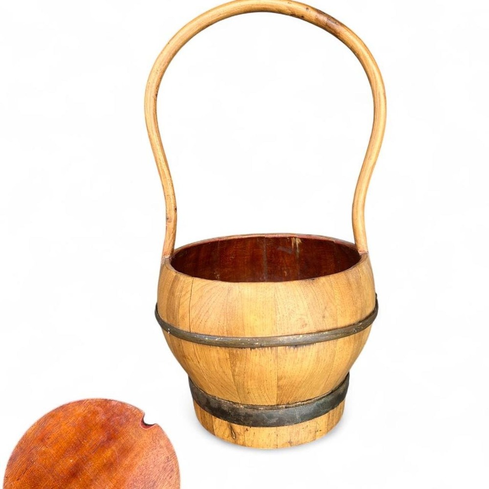 Vintage Chinese Wooden Rice Bucket Basket Bentwood Handle Primitive Home Decor
